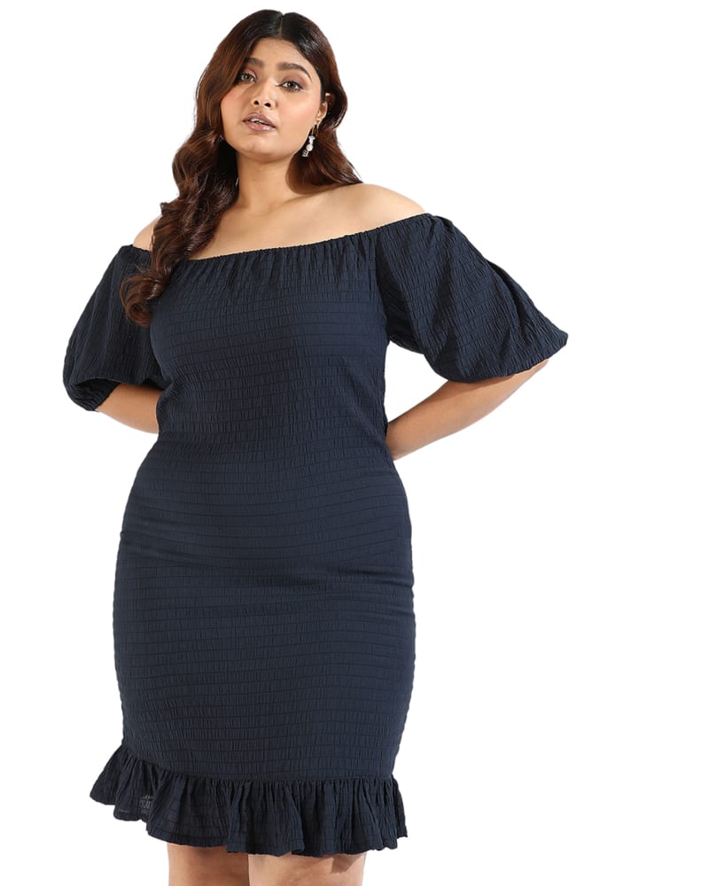 Front of a model wearing a size 4XL Women Blue Off Shoulder Dresses in Navy by Instafab Plus. | dia_product_style_image_id:293772